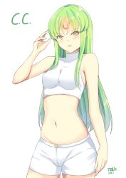 Rule 34 | 1girl, 2017, :d, artist name, breasts, c.c., character name, code geass, crop top, facial mark, green hair, highres, kauru00, long hair, looking at viewer, medium breasts, midriff, navel, open mouth, short shorts, shorts, simple background, sleeveless, smile, solo, standing, stomach, very long hair, white background, white shorts, yellow eyes