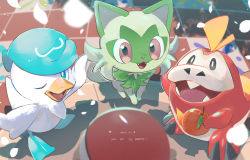 Rule 34 | :d, apple, blue eyes, bright pupils, commentary request, creatures (company), fangs, food, fruit, fuecoco, game freak, guru (nicocco), highres, holding, holding food, holding fruit, nintendo, no humans, one eye closed, open mouth, poke ball, poke ball (basic), pokemon, pokemon (creature), quaxly, smile, sprigatito, starter pokemon trio, tongue, white pupils