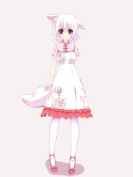 Rule 34 | 1girl, alternate costume, animal ears, asn s, bad id, bad pixiv id, blush, breasts, casual, dress, grey background, inubashiri momiji, looking at viewer, medium breasts, no headwear, pantyhose, red eyes, short hair, silver hair, simple background, smile, solo, tail, touhou, white pantyhose, wolf ears, wolf tail