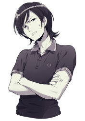 Rule 34 | 1boy, annoyed, asada hachi, buttons, collared shirt, commentary, cropped torso, crossed arms, grey background, greyscale, highres, looking at viewer, male focus, mochizuki ren, monochrome, no, thank you !!!, no thank you!!! (visual novel), scowl, shirt, short hair, short sleeves, solo, sweatdrop, upper body