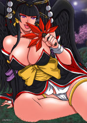 Rule 34 | 1girl, :p, areola slip, bad id, bad pixiv id, black hair, breasts, cleavage, covered erect nipples, dead or alive, dead or alive 5, detached sleeves, eyeliner, fundoshi, hair ornament, hair stick, hand fan, hat, highres, japanese clothes, large breasts, makeup, mole, naughty face, nyotengu, papepox2, purple eyes, sash, sitting, solo, tengu, textless version, tokin hat, tongue, tongue out, yokozuwari