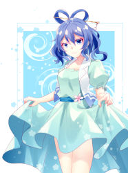 Rule 34 | 1girl, :3, absurdres, belt, blue background, blue eyes, blue hair, breasts, closed mouth, clothes lift, cowboy shot, flower, flower request, hair between eyes, hair ornament, hair rings, hair stick, highres, kaku seiga, light smile, looking at viewer, medium breasts, medium hair, one-hour drawing challenge, pink flower, puffy short sleeves, puffy sleeves, shinketsu kanyu, short sleeves, simple background, skirt, skirt lift, solo, thighs, touhou