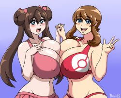 Rule 34 | 2girls, alternate breast size, artist name, bikini, blue background, blue eyes, blush, breast press, breasts, brian12, brown hair, closed eyes, covered erect nipples, creatures (company), curvy, double bun, game freak, gradient background, groin, hair bun, hand on own chest, holding hands, huge breasts, image sample, long hair, looking at viewer, may (pokemon), multiple girls, navel, nintendo, open mouth, pale skin, pink bikini, poke ball print, pokemon, pokemon bw2, pokemon rse, red bikini, ribbon, rosa (pokemon), shiny skin, sidelocks, smile, surprised, swimsuit, symmetrical docking, twintails, wide hips
