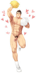 Rule 34 | 1boy, abs, arm up, bara, brown hair, censored, cheering, cheerleader, completely nude, cum, ejaculation, erection, full body, heart, highres, large pectorals, looking at viewer, male focus, male pubic hair, mosaic censoring, muscular, muscular male, navel, nipples, nude, original, pectorals, penis, pubic hair, short hair, solo, spiked hair, stomach, thick thighs, thighs, white background, winemvee