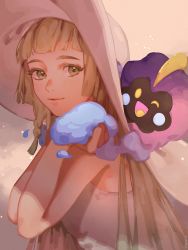 Rule 34 | 1girl, ;d, bare arms, blonde hair, braid, closed mouth, commentary, cosmog, creatures (company), dress, eyelashes, game freak, gen 7 pokemon, hands up, hat, highres, legendary pokemon, lillie (pokemon), long hair, looking at viewer, nintendo, one eye closed, open mouth, pokemon, pokemon (creature), pokemon sm, raga, sleeveless, sleeveless dress, smile, symbol-only commentary, tongue, upper body, white dress, white headwear
