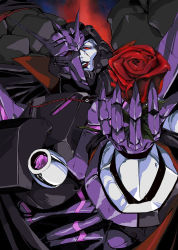 Rule 34 | 1boy, broken mask, commentary, decepticon, english commentary, flower, highres, hinomars19, holding, holding flower, looking down, mask, mecha, no humans, parted lips, red eyes, red flower, red rose, retro artstyle, robot, rose, smile, solo, tarn, the transformers (idw), transformers