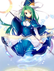 Rule 34 | 1girl, :o, apron, arm behind head, bad id, bad pixiv id, breasts, cape, crescent, ghost tail, gradient background, green eyes, green hair, hat, impossible clothes, impossible shirt, long hair, long sleeves, looking at viewer, matching hair/eyes, mima (touhou), shirt, skirt, skirt set, solo, staff, star (symbol), sun symbol, touhou, touhou (pc-98), waist apron, wizard hat, yusano
