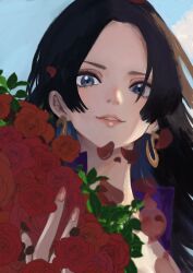 Rule 34 | 1girl, absurdres, black hair, blue eyes, boa hancock, bouquet, close-up, commentary request, earrings, flower, highres, holding, holding bouquet, jewelry, long hair, looking at viewer, one piece, petals, pink lips, red flower, red petals, red rose, rose, ryouryou1111asl, sidelocks, sky, smile, snake earrings, solo