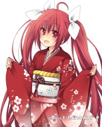 Rule 34 | 1girl, :d, ahoge, blush, cowboy shot, date a live, floating hair, floral print, hair between eyes, hair ribbon, hibiki mio, itsuka kotori, japanese clothes, kimono, long hair, looking at viewer, obi, open mouth, red eyes, red hair, red kimono, ribbon, sash, simple background, smile, solo, standing, twintails, very long hair, white background, white ribbon, yukata