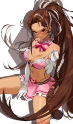 Rule 34 | 1girl, absurdres, bare shoulders, bikini, bikini top only, bodiedwile, bow, braid, breasts, breasts apart, brown hair, dark-skinned female, dark skin, detached collar, dungeon and fighter, elbow gloves, french braid, frilled bikini, frilled skirt, frills, gloves, heart, highres, long hair, medium breasts, multicolored hair, navel, pink bikini, pink bow, pink skirt, ponytail, sitting, skirt, solo, spread legs, stomach, strap lift, strap slip, streaked hair, sweat, swimsuit, very long hair, white gloves, white hair, wrist cuffs