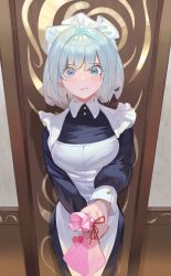 Rule 34 | 1girl, absurdres, apron, black sleeves, blue eyes, blue hair, blush, breasts, closed mouth, door, gift, highres, holding, holding gift, huge filesize, light blue hair, looking at viewer, maid, maid headdress, medium breasts, occa-key, original, pink bag, shirt, white apron