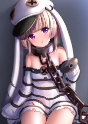 Rule 34 | 1girl, animal ears, azur lane, bare shoulders, bdsm, blunt bangs, bottle, cabbie hat, chain, child, collar, commentary request, detached sleeves, dress, fake animal ears, grozny (azur lane), grozny (bad bunny behind bars) (azur lane), hat, head tilt, holding, holding bottle, leash, long sleeves, looking at viewer, manda (manda9n), official alternate costume, parted lips, pink hair, prison clothes, purple eyes, rabbit ears, short hair, short hair with long locks, sidelocks, sitting, slave, sleeves past wrists, solo, strapless, strapless dress, striped, torn clothes, torn dress, vertical stripes, water bottle