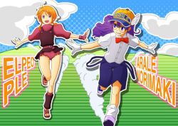 2girls android blue_eyes blue_sky cloud commentary_request crossover dr._slump dress dust_cloud elpeo_puru fingerless_gloves friends glasses gloves grin gundam gundam_zz hat looking_at_viewer looking_to_the_side lotus_(artist) multiple_girls norimaki_arale orange_hair purple_eyes purple_hair running single_fingerless_glove sky smile white_gloves