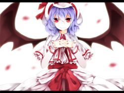 Rule 34 | 1girl, ascot, bad id, bad pixiv id, bat wings, bow, capelet, curiosities of lotus asia, female focus, hat, hat ribbon, letterboxed, long hair, long sleeves, looking at viewer, purple hair, red eyes, remilia scarlet, ribbon, shouen kigashi, simple background, smile, solo, standing, touhou, vampire, white background, wings