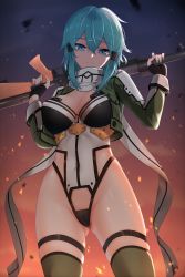 Rule 34 | 1girl, absurdres, alternate breast size, black gloves, blue eyes, blue hair, blue nails, breasts, cleavage, closed mouth, covered navel, cropped jacket, embers, fingerless gloves, gloves, gluteal fold, gradient sky, green jacket, green thighhighs, gun, hair between eyes, hair ornament, hairclip, highleg, highleg leotard, highres, holding, holding gun, holding weapon, jacket, large breasts, leotard, long sleeves, looking at viewer, nail polish, open clothes, open jacket, outdoors, serious, short hair, sidelocks, sinon, skindentation, sky, solo, sword art online, thigh strap, thighhighs, underbust, weapon, white leotard, z.taiga