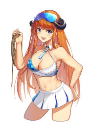 Rule 34 | 1girl, :d, absurdres, arknights, bagpipe (arknights), bare arms, bare shoulders, blue archive, blush, breasts, cleavage, clothes writing, commentary request, commission, copyright name, cosplay, crop top, cropped legs, goggles, goggles on head, hand up, highres, holding, holding rope, horns, large breasts, long hair, looking at viewer, midriff, millennium cheerleader outfit (blue archive), miniskirt, navel, open mouth, orange hair, pleated skirt, purple eyes, rope, second-party source, shinebell, simple background, skirt, sleeveless, smile, solo, standing, stomach, thighs, very long hair, white background, white skirt