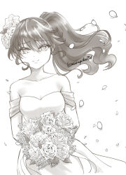 Rule 34 | 1girl, bouquet, breasts, cleavage, collarbone, commentary request, dress, flower, greyscale, hair between eyes, hair flower, hair ornament, holding, holding bouquet, kimura pikoriino, medium breasts, monochrome, off-shoulder dress, off shoulder, original, petals, ponytail, rose, signature, smile, solo