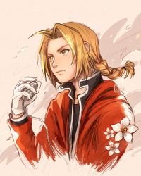 Rule 34 | 1boy, ahoge, artist name, bad id, bad twitter id, black shirt, blouse, braid, braided ponytail, clivenzu, cloak, closed mouth, commentary, edward elric, english commentary, flower, fullmetal alchemist, gloves, graphite (medium), highres, holding, long hair, male focus, mixed media, open cloak, open clothes, parted bangs, red cloak, shirt, single braid, smile, solo, traditional media, twitter username, upper body, white flower, white gloves, yellow eyes