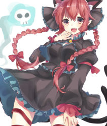 Rule 34 | 1girl, :d, animal ears, bad id, bad pixiv id, bell, black dress, bow, braid, cat ears, cat tail, collar, cowboy shot, dress, fang, frilled bow, frilled dress, frilled sleeves, frills, hair bow, hair ornament, hand on thigh, kaenbyou rin, long sleeves, neck bell, ojou-sama pose, open mouth, pointy ears, puffy long sleeves, puffy short sleeves, puffy sleeves, red eyes, red hair, short sleeves, simple background, smile, solo, tail, touhou, twin braids, watase (abe), white background