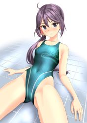 Rule 34 | 1girl, absurdres, ahoge, akebono (kancolle), aqua one-piece swimsuit, bell, black eyes, blush, collarbone, competition swimsuit, covered navel, cowboy shot, flat chest, flower, hair bell, hair flower, hair ornament, highres, jingle bell, kantai collection, long hair, looking at viewer, lying, one-piece swimsuit, purple hair, side ponytail, solo, striped clothes, striped one-piece swimsuit, swimsuit, takafumi, tile floor, tiles, very long hair