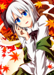 Rule 34 | 1girl, autumn leaves, black bow, black bowtie, black hairband, black ribbon, blue eyes, blush, bow, bowtie, colored eyelashes, commentary request, green skirt, green vest, hair between eyes, hair ribbon, hairband, hand up, highres, hitodama, konpaku youmu, konpaku youmu (ghost), leaf, long sleeves, looking at viewer, off shoulder, oil-paper umbrella, open mouth, red umbrella, ribbon, sazanami mio, shirt, short hair, silver hair, skirt, smile, solo, touhou, umbrella, upper body, vest, white background, white shirt, wing collar