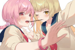 Rule 34 | 2girls, blonde hair, commentary request, food, hachinatsu, highres, long hair, looking at viewer, motion blur, multiple girls, open mouth, original, pink hair, pocky, pocky kiss, school uniform, shared food, simple background, smile, upper body, white background, yuri