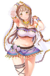 Rule 34 | 1girl, armpits, bandeau, blush, blush stickers, bracelet, breasts, brown eyes, commentary request, curvy, detached sleeves, feet out of frame, hand up, harem outfit, highres, jewelry, kitiroku, large breasts, leg ribbon, light brown hair, long hair, looking at viewer, love live!, love live! school idol festival, love live! school idol project, microskirt, midriff, minami kotori, navel, official alternate costume, parted lips, plump, ribbon, see-through, see-through sleeves, see-through veil, simple background, skirt, smile, solo, stomach, strapless, taut bandeau, taut clothes, thigh gap, thigh ribbon, thigh strap, usekh collar, veil, white background, white bandeau