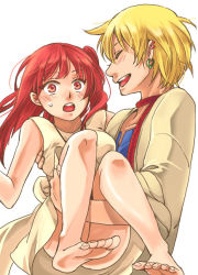 Rule 34 | 1boy, 1girl, ali baba saluja, bad id, bad pixiv id, bare legs, barefoot, blonde hair, blush, carrying, censored, convenient censoring, couple, dress, ear piercing, earrings, closed eyes, feet, jewelry, magi the labyrinth of magic, morgiana, no panties, open mouth, piercing, red hair, rihara, skirt, smile, surprised, sweat, toes, white dress, white skirt