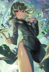 Rule 34 | 1girl, absurdres, black dress, blush, breasts, commentary request, cowboy shot, curly hair, debris, dress, flipped hair, from below, green hair, highres, long sleeves, looking at viewer, one-punch man, resolution mismatch, rock, short hair, side slit, small breasts, smile, solo, source smaller, tatsumaki, torriet