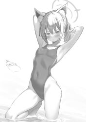 Rule 34 | animal ear fluff, animal ears, armpits, arms behind head, arms up, blue archive, blush, competition swimsuit, covered navel, cross, extra ears, halo, highleg, highleg swimsuit, highres, inverted cross, mismatched pupils, monochrome, official alternate costume, one-piece swimsuit, ponytail, shiroko (blue archive), shiroko (swimsuit) (blue archive), sonoda 345, swimsuit