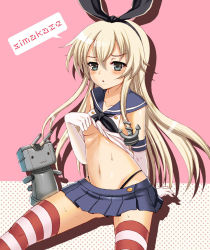 Rule 34 | 10s, 1girl, anchor, anchor hair ornament, black panties, blonde hair, breasts, elbow gloves, gloves, hair ornament, hairband, kantai collection, kumao mofumofu, long hair, navel, panties, personification, rensouhou-chan, shimakaze (kancolle), skirt, small breasts, striped clothes, striped thighhighs, thighhighs, underboob, underwear, white gloves