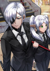 Rule 34 | 1boy, 1girl, absurdres, asarizer, blood, chainsaw man, closed mouth, earrings, elf, escalator, eyepatch, frieren, green eyes, grey eyes, grey hair, highres, jewelry, long hair, long sleeves, pointy ears, quanxi (chainsaw man), sousou no frieren, twintails, white hair