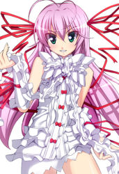 Rule 34 | 00s, 1girl, al azif, bare shoulders, bow, bowtie, contrapposto, cowboy shot, demonbane, detached sleeves, dress, kanno, long hair, looking at viewer, lowres, short sleeves, simple background, sleeveless, sleeveless dress, solo, standing, very long hair, white background, white bow, white bowtie, white dress