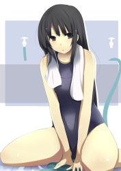 Rule 34 | 1girl, arm support, bare shoulders, black eyes, black hair, blue one-piece swimsuit, blush, daiaru, female focus, long hair, one-piece swimsuit, open mouth, original, sitting, solo, swimsuit, towel