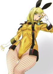 Rule 34 | 1girl, animal ears, ashiomi masato, blonde hair, blue eyes, breasts, fake animal ears, fingerless gloves, fishnet pantyhose, fishnets, gloves, gluteal fold, guilty gear, guilty gear xrd, leotard, looking at viewer, medium hair, millia rage, open mouth, pantyhose, playboy bunny, rabbit ears, simple background, solo, strapless, strapless leotard, white background