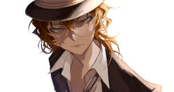 Rule 34 | 1boy, absurdres, black hat, black jacket, black necktie, black suit, blue eyes, bungou stray dogs, closed mouth, collared shirt, dappled sunlight, formal, hair between eyes, hat, highres, jacket, looking at viewer, mafia, male focus, medium hair, nakahara chuuya, necktie, open clothes, open shirt, orange hair, serious, shirt, sidelocks, simple background, solo, suit, sunlight, upper body, user wjpu7573, v-shaped eyebrows, white background, white shirt