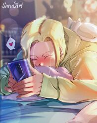 Rule 34 | 1girl, absurdres, android 18, animal, animal on back, blonde hair, blurry, blush, cat, cellphone, chromatic aberration, closed eyes, commentary, covered mouth, depth of field, dragon ball, dragonball z, english commentary, heart, highres, lens flare, lying, on stomach, phone, sarulart, smartphone, solo, spoken heart, sweater, upper body
