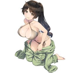 Rule 34 | 1girl, barefoot, bikini, black hair, breasts, brown eyes, cleavage, closed mouth, collarbone, dolphin wave, full body, hair intakes, highres, kneeling, large breasts, leaning forward, long hair, mole, mole on breast, mole under mouth, navel, official art, ponytail, side-tie bikini bottom, smile, solo, swimsuit, thick eyebrows, transparent background, undressing, yamaba yume
