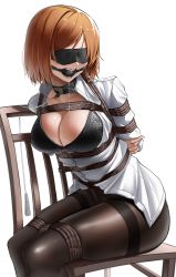 Rule 34 | 1girl, absurdres, arms behind back, ass, ball gag, bdsm, blindfold, bondage, bound, bra, breasts, chair, chairtie, cleavage, collar, collarbone, crotch rope, gag, gagged, harris hero, highres, jujutsu kaisen, kugisaki nobara, leash, legs together, long sleeves, no panties, no pants, open clothes, open shirt, orange hair, original, pantyhose, rope, saliva, short hair, sitting, solo, sweat, teeth, thighband pantyhose, underwear, upper teeth only, variant set, white background