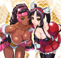 Rule 34 | 2girls, armband, armor, bare shoulders, bikini, bikini top only, black hair, black legwear, blue eyes, blush, breasts, bridal gauntlets, cheek-to-cheek, cleavage, cleavage cutout, clenched hand, clothing cutout, dark-skinned female, dark skin, downblouse, dress, elbow gloves, faulds, female focus, fighting vipers, fingerless gloves, gloves, grace (fighting vipers), grin, hair ornament, hairband, halterneck, hand on own hip, headgear, heads together, high ponytail, honey (fighting vipers), lace, lace-trimmed skirt, lace trim, large breasts, leaning forward, leotard, lipstick, long hair, looking at viewer, makeup, midriff, mirror opposites, multiple girls, orange eyes, parted bangs, pauldrons, pleated skirt, pointing, ponytail, red dress, scrunchie, sega, shiny skin, shoulder armor, sideboob, skirt, smile, sparkle, standing, strapless, swimsuit, symmetry, thighhighs, twintails, ueyama michirou, wavy hair, yellow background