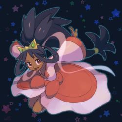 Rule 34 | 1girl, arms behind back, bad id, bad twitter id, big hair, black background, black hair, bow, collarbone, creatures (company), crown, dark-skinned female, dark skin, dress, female focus, flat chest, full body, game freak, hair rings, iris (pokemon), legs together, long hair, long sleeves, looking at viewer, low-tied long hair, nintendo, open mouth, outstretched arms, pink dress, pokemon, pokemon bw2, red eyes, reiesu (reis), shawl, smile, solo, star (symbol), tiara, v-neck, very long hair, waist bow, white dress, wide sleeves