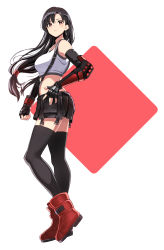 Rule 34 | 1girl, armor, black hair, black skirt, black thighhighs, boots, breasts, closed mouth, commentary request, earrings, elbow gloves, elbow pads, final fantasy, final fantasy vii, final fantasy vii remake, fingernails, from side, full body, gloves, hand on own hip, highres, hirono (hxze4434), jewelry, long hair, looking at viewer, low-tied long hair, medium breasts, midriff, miniskirt, red eyes, simple background, skirt, solo, standing, suspender skirt, suspenders, swept bangs, tank top, thighhighs, tifa lockhart, white background, white tank top, zettai ryouiki