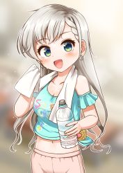 Rule 34 | 1girl, :d, bare shoulders, blue shirt, blurry, blurry background, blush, bottle, braid, braided bangs, breasts, cleavage, clothes writing, collarbone, commentary request, crop top, depth of field, eating, green eyes, grey hair, highres, hisakawa hayate, holding, holding bottle, holding towel, idolmaster, idolmaster cinderella girls, long hair, looking at viewer, medium breasts, midriff, navel, open mouth, pants, pink pants, shirt, side-tie shirt, smile, solo, towel, towel around neck, unadon (unadoom), very long hair, water bottle