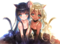 Rule 34 | animal ears, bare shoulders, black dress, black hair, blonde hair, blue eyes, blunt bangs, blush, breasts, cat ears, cat tail, choker, cleavage, collarbone, commentary request, dark-skinned female, dark skin, dress, green eyes, long hair, medium breasts, mole, mole under eye, open mouth, original, simple background, sketch, small breasts, smile, straight hair, strapless, strapless dress, tail, very long hair, wavy hair, white background, yamori (stom)
