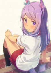 Rule 34 | 1girl, animal ears, black socks, blue bow, blush, bow, brown background, closed mouth, commentary request, ear bow, from behind, gym shirt, gym shorts, gym uniform, highres, horse ears, horse girl, horse tail, jabittoson, long hair, looking at viewer, looking back, mejiro mcqueen (umamusume), puffy short sleeves, puffy sleeves, purple eyes, purple hair, red shorts, shirt, short shorts, short sleeves, shorts, simple background, sitting, socks, solo, swept bangs, tail, tracen training uniform, umamusume, white shirt
