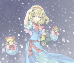 Rule 34 | 1girl, :d, alice margatroid, blonde hair, blue dress, blue eyes, book, capelet, doll, dress, expressionless, female focus, flying, frills, grimoire, grimoire of alice, holding, holding book, lock, looking at viewer, matching shanghai, open mouth, puffy short sleeves, puffy sleeves, satou takeshi, short sleeves, smile, snow, solo, standing, touhou, wind