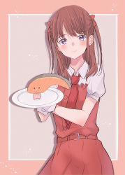 Rule 34 | 1girl, absurdres, blush, bow, brown hair, dress, fish (food), hair bow, highres, holding, holding plate, ichii maina, looking at viewer, maple (maplesiroop), necktie, oshi ga budoukan itte kuretara shinu, pink bow, plate, purple eyes, red dress, red necktie, short sleeves, simple background, smile, solo, standing, wrist cuffs