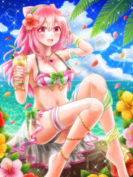 Rule 34 | 10s, 1girl, anklet, barefoot, bikini, blush, breasts, cleavage, cocktail, cup, drink, drinking straw, female focus, flower, food, fruit, hacka doll, hacka doll 2, hair flower, hair ornament, hibiscus, jewelry, large breasts, long hair, looking at viewer, nail polish, navel, ocean, open mouth, petals, pink eyes, pink hair, rinco, smile, solo, swimsuit