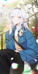 Rule 34 | 1girl, ;p, absurdres, alternate costume, black hairband, black pants, blue archive, blue jacket, blurry, casual, commentary request, day, depth of field, ear piercing, earclip, hairband, halo, hand up, headphones, headphones around neck, highres, himari (blue archive), jacket, long hair, long sleeves, looking at viewer, one eye closed, outdoors, pants, piercing, pointy ears, purple eyes, shirt, sitting, sleeves past wrists, solo, tongue, tongue out, turtleneck, v, white hair, white halo, white shirt, zanya 000