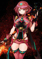 Rule 34 | 1girl, absurdres, black gloves, breasts, chest jewel, covered navel, earrings, fingerless gloves, gem, gloves, highres, index finger raised, jewelry, kanmiya shinobu, large breasts, pyra (xenoblade), red eyes, red hair, red shorts, red thighhighs, short hair, shorts, sidelocks, solo, swept bangs, thighhighs, tiara, xenoblade chronicles (series), xenoblade chronicles 2